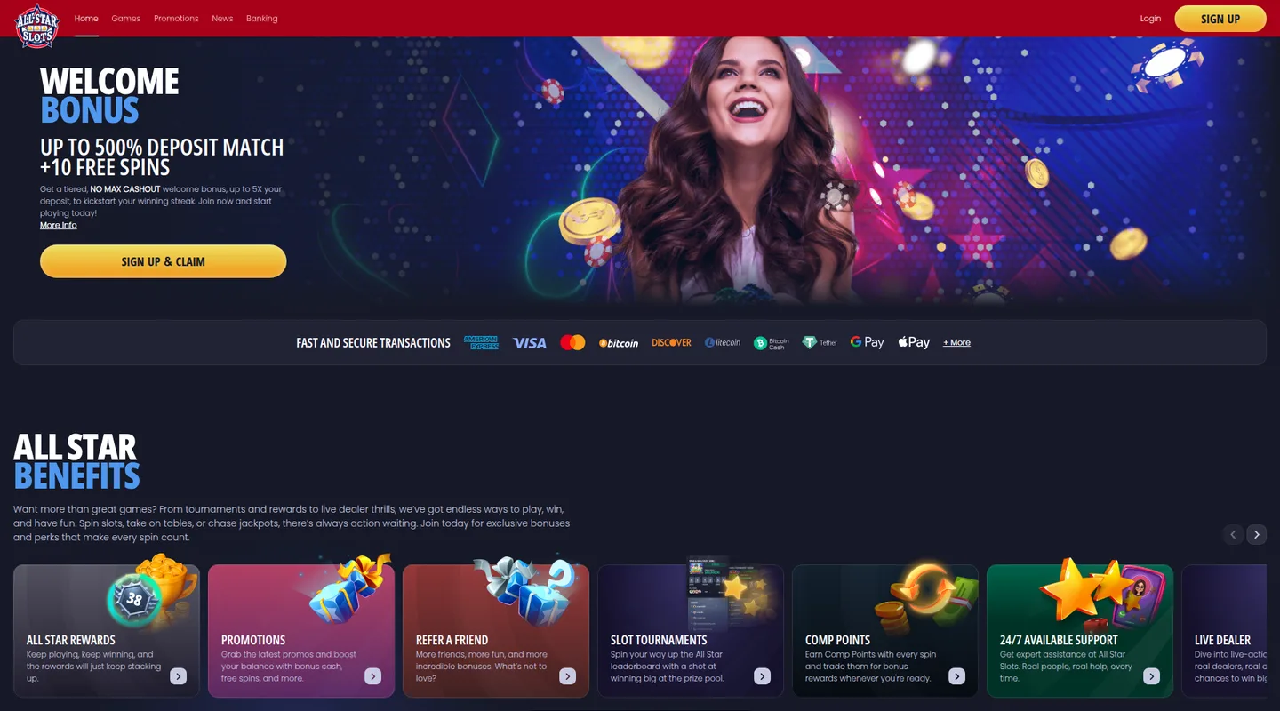 All Star Slots homepage showing 500% welcome bonus and game lobby at this offshore online casino