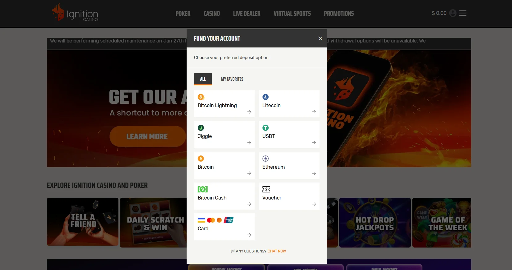 Ignition Casino cashier interface showing Bitcoin and crypto withdrawal options available to offshore online casino players