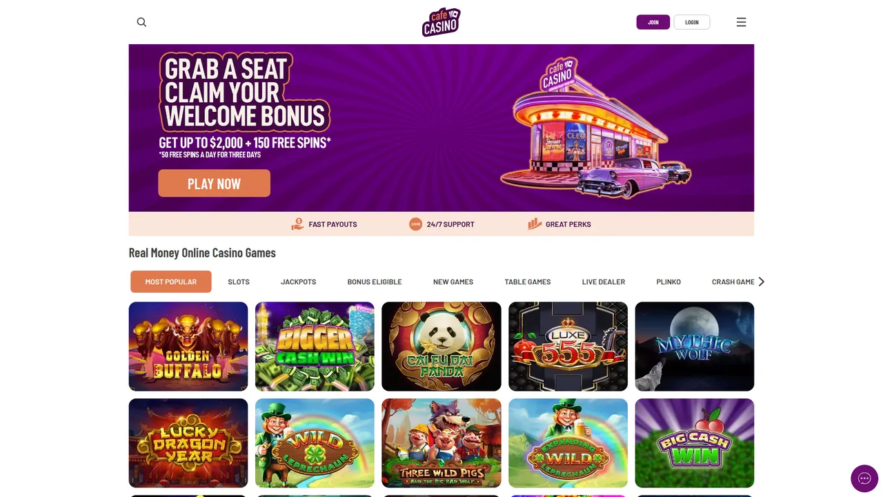 Café Casino real money casino homepage with bonus offers and game lobby