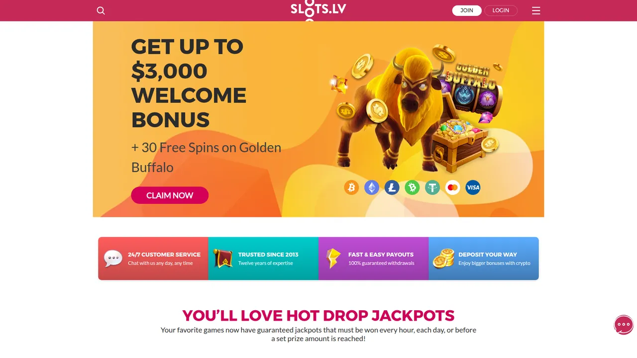 Slots.lv real money casino homepage with bonus offers and game lobby