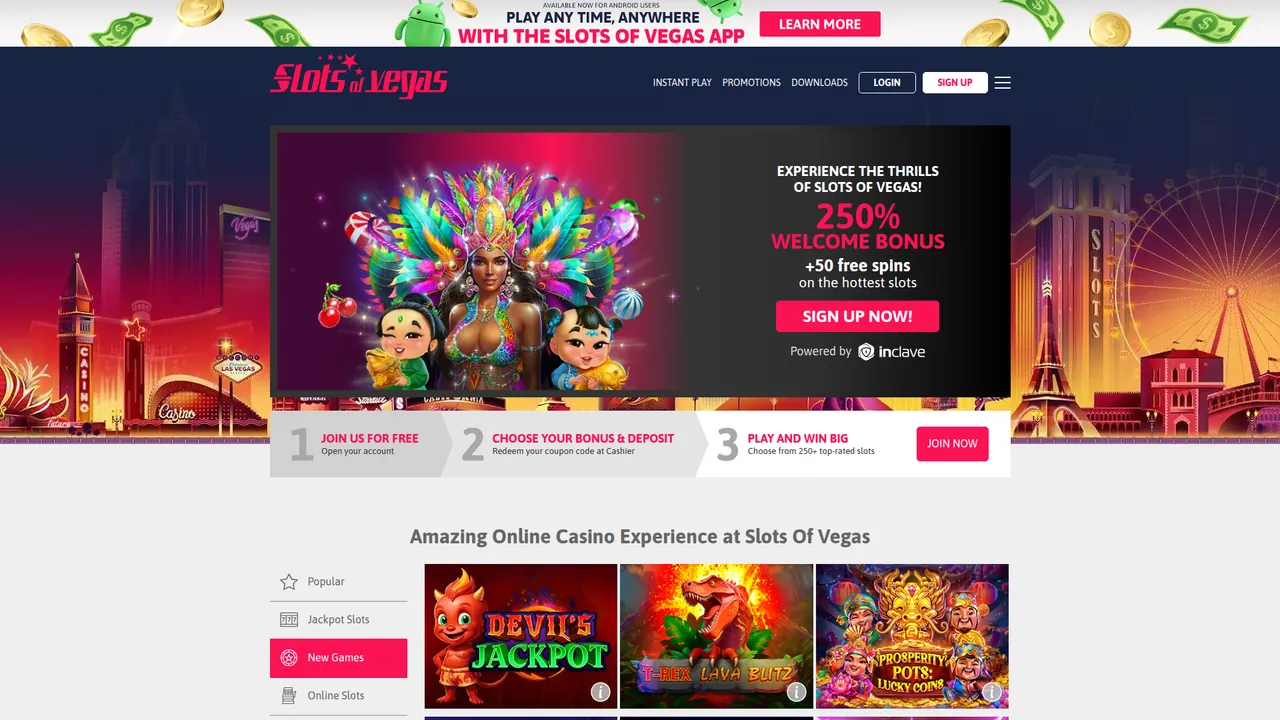 Slots of Vegas real money casino homepage with bonus offers and game lobby