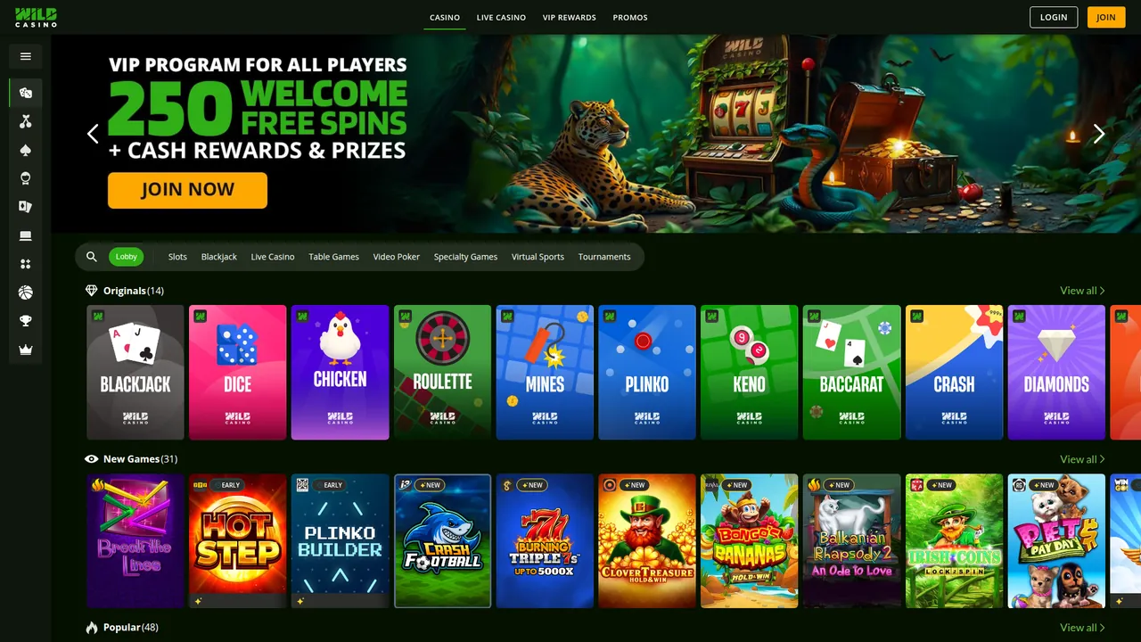 Wild Casino real money casino homepage with bonus offers and game lobby