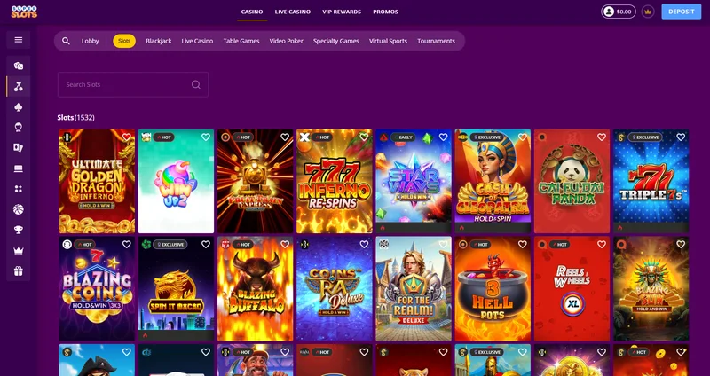 Super Slots casino game lobby with featured slots and table games for offshore casino players